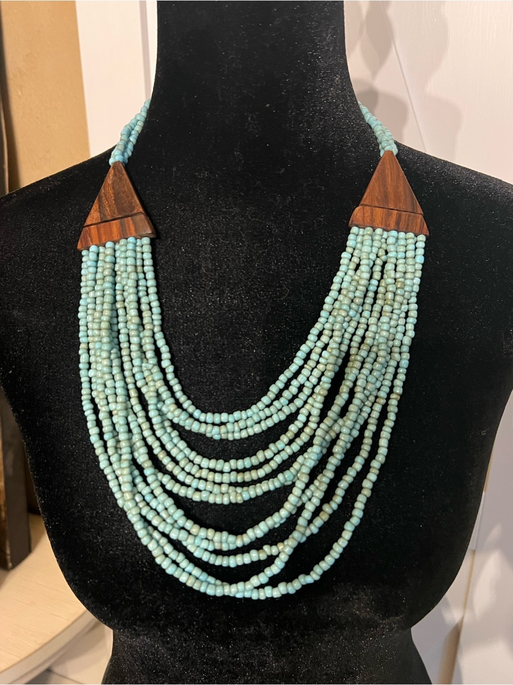 Boho Multi-Strand Turquoise Beaded Necklace with Wood Accents
